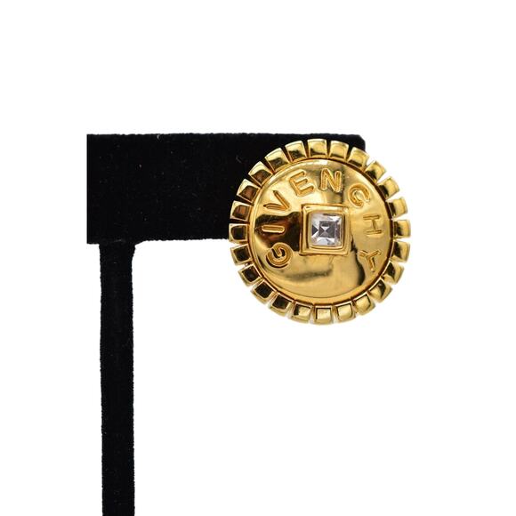 Givenchy Vintage Logo Earrings Crystal Block Letter Button Gold Signed 80s BinAF - Picture 7 of 12